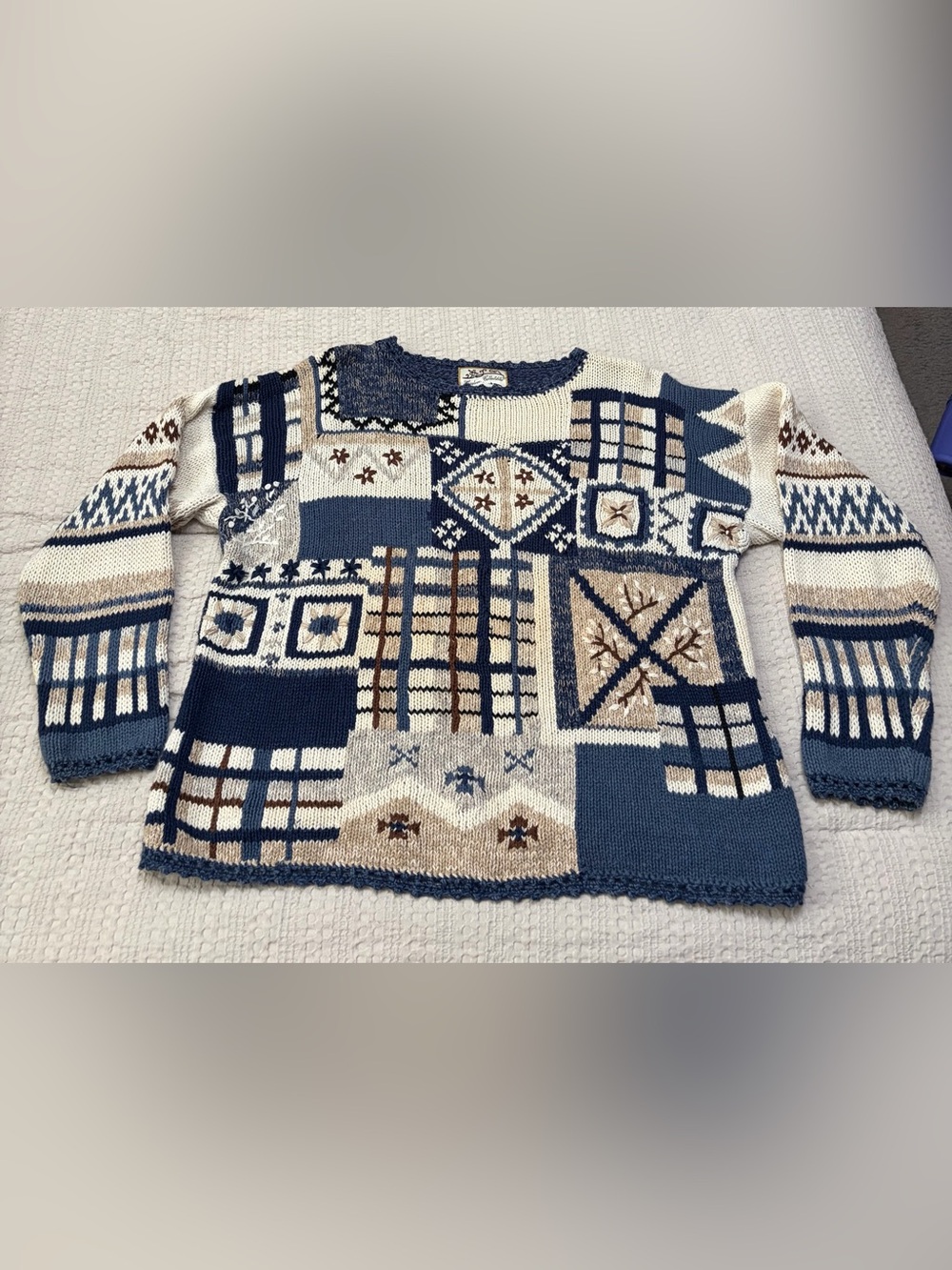 Womens Patchwork Knit Sweater - Blue, Cream & Brown